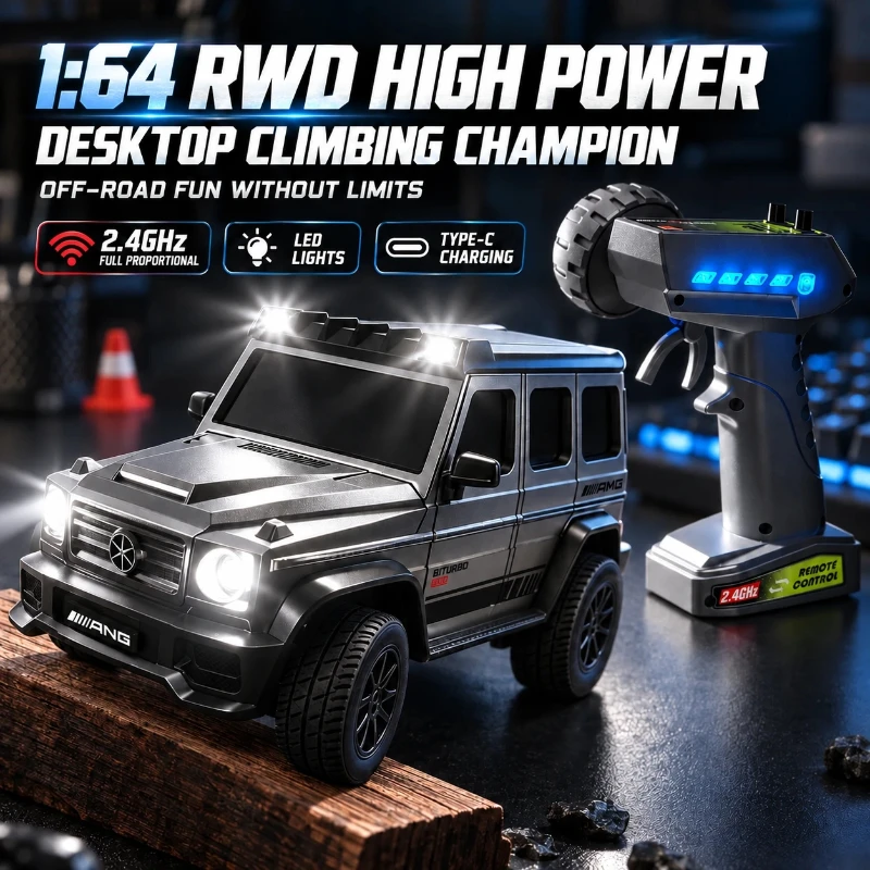 1:64 Mini RC Car RWD High Power 2.4GHz Full Proportional Remote Control Desktop Climbing Off-Road Car with LED Lights