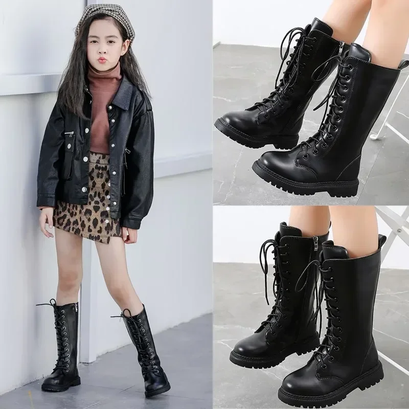 Girl\'s riding boots winter high boots Korean version British   style Martin boots Princess leather boots Little girl long boots