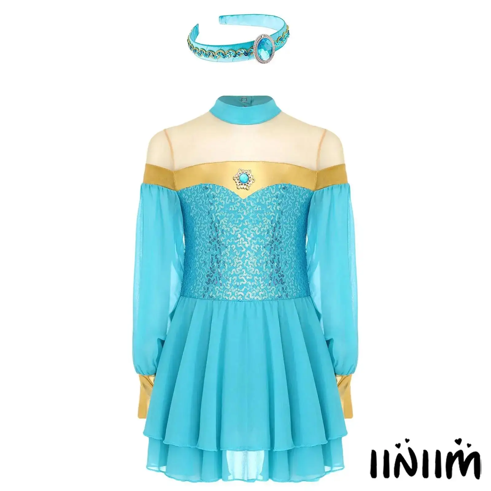 

Arabian Princess Costume Set for Girls Gold Patchwork Sequins Tulle Dress Keyhole Back with Hair Hoop Halloween Cosplay Bodysuit