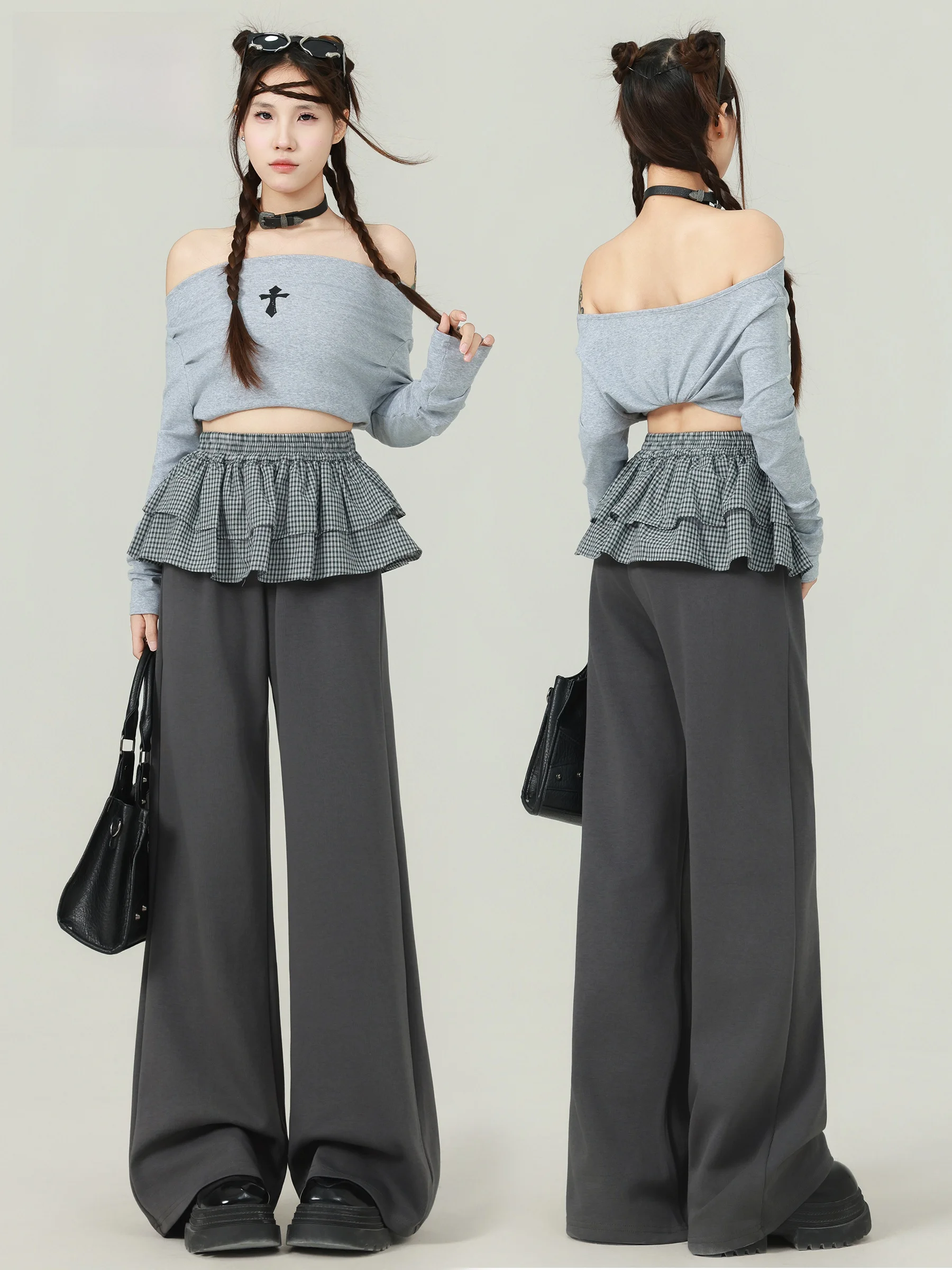 

High Waist Plaid Patchwork Loose Slimming Casual Pants Women Summer New Style Drapey Micro Flared Straight Leg Trousers