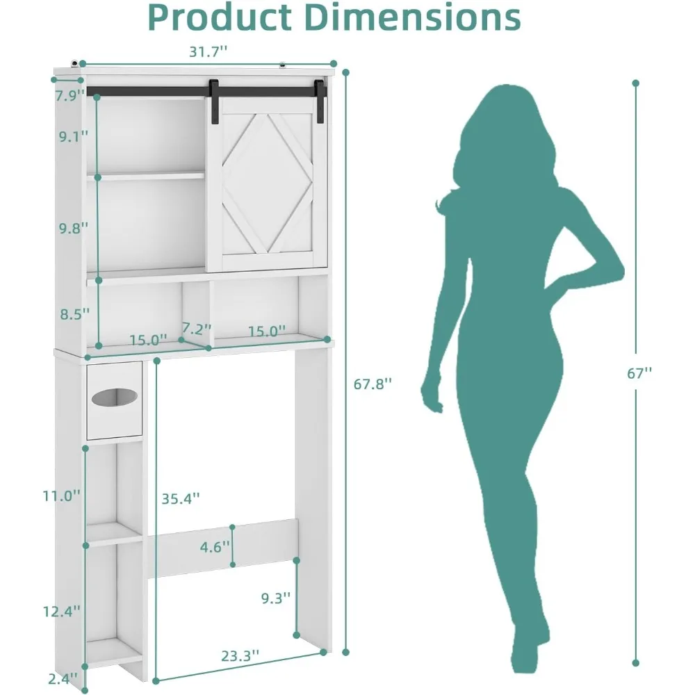 over the toilet storage cabinet with farmhouse sliding barn door, above toilet organizer with toilet paper holder stand, behind