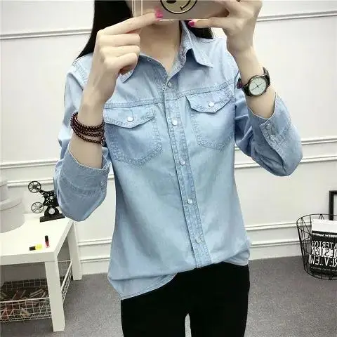 Fashion Long Sleeves Casual Denim Shirt Women 2022 Snap Button Cotton Ladies Shirt Plus Size Blue Jeans Shirt Camisa XZ118