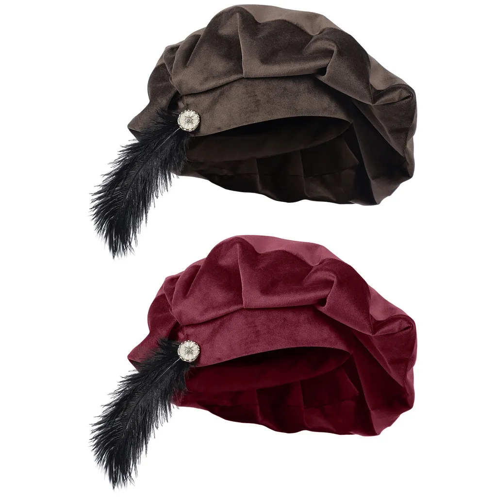Stage Cosplay Headwear Renaissance Medieval Beret Velvet Beret Soft Feather Decorated Beret For Stage Costume Occasions Casual