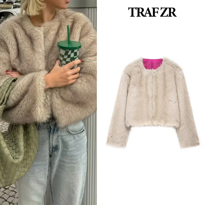 

TRAF ZR Padded Coat Artificial Fur Coats Elegant Luxury Women's Coat Female Warm Woman Winter Coats American Retro Beige Coats