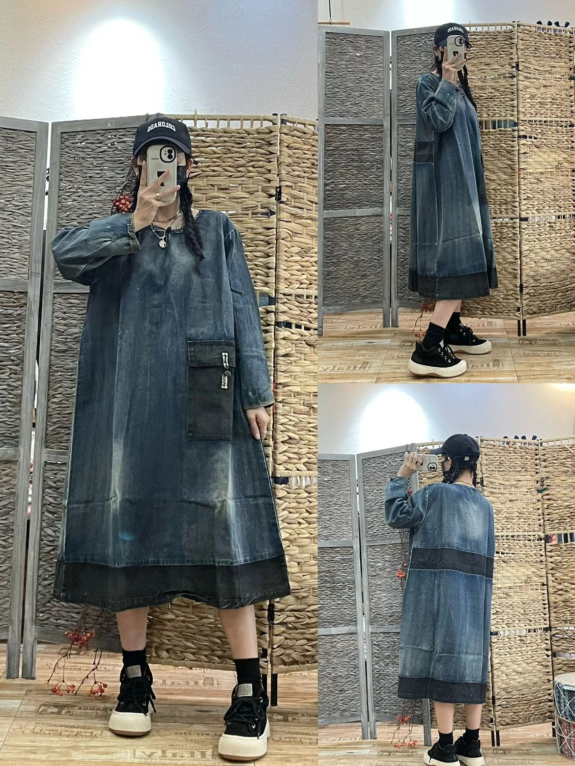 

Retro Button up Denim Dress Women's Loose Midi Length Slimming Long Sleeve Gown Spring Autumn New Style Cotton Jeans Fabric