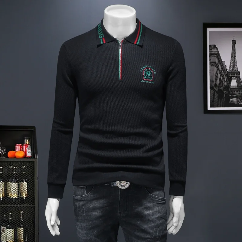 

2025 New Men's Long Sve T-irt Collared Embroidered Faionable Casual Sweatirt Base irt Slim Fit Overhead Cotton Fabric