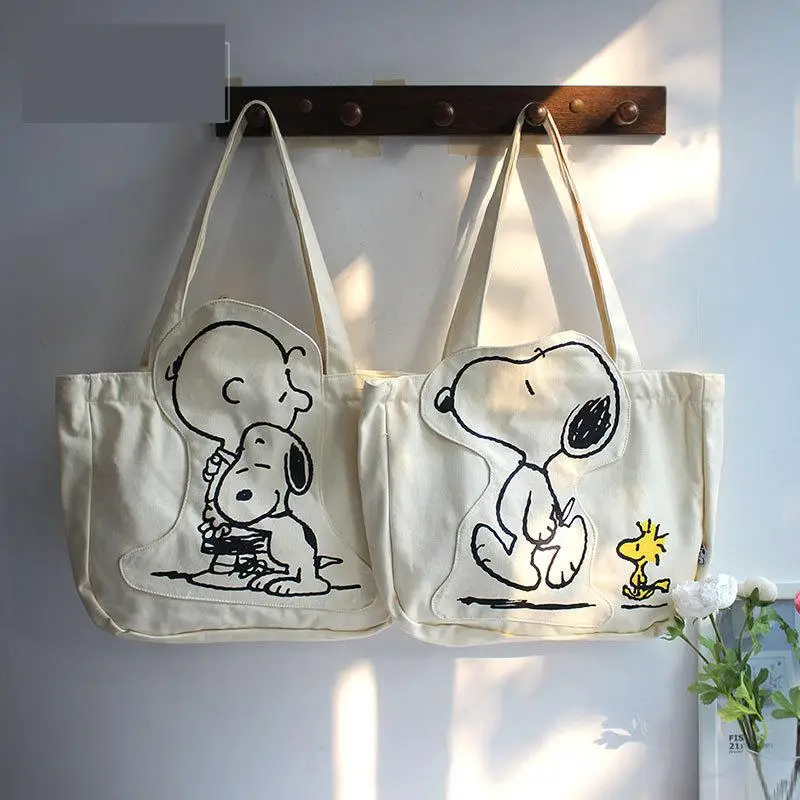 

Cartoon Print Canvas One Shoulder Bags Female Students Large Capacity Make-up Bags Simple Solid Cute Tote Handbags With Zipper