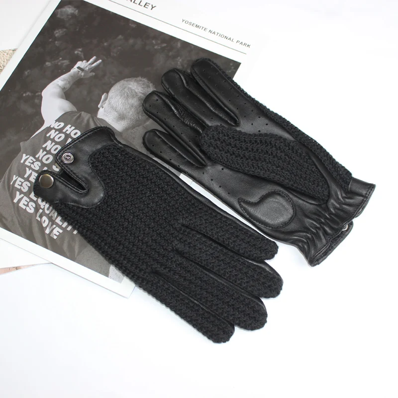 New Men\'s Sheepskin Gloves Outdoor Riding Fashion Touch Screen Splicing Knitted Unlined Spring Driving Gloves Autumn