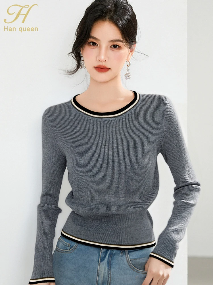 

H Han Queen Autumn Winter Pullover Sweaters Korean O-Neck Soft Elastic Elegant Fashion Long Sleeve Tops Knitwear Women Clothes