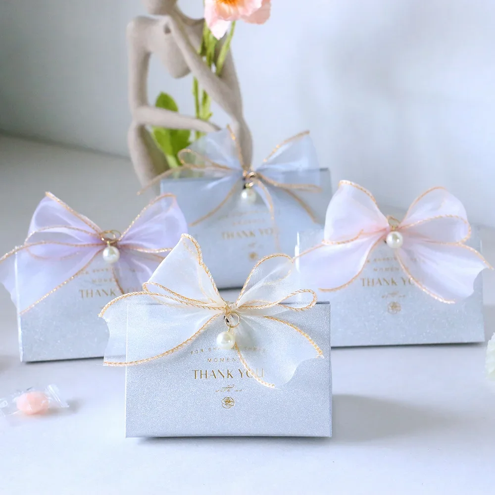 

50/100pcs Wedding Candy Box With Yarn Ribbon Pearl Decoration Glitter Packaging Bag Wedding Gifts for Guests