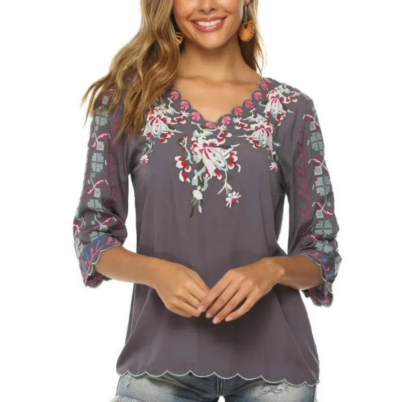 Teelynn Boho Bluse Hemden Frauen V-Ausschnitt lose lässige Baumwolle Blumen stickerei Herbst Vintage Camisas Mujer Boho Damen Tops