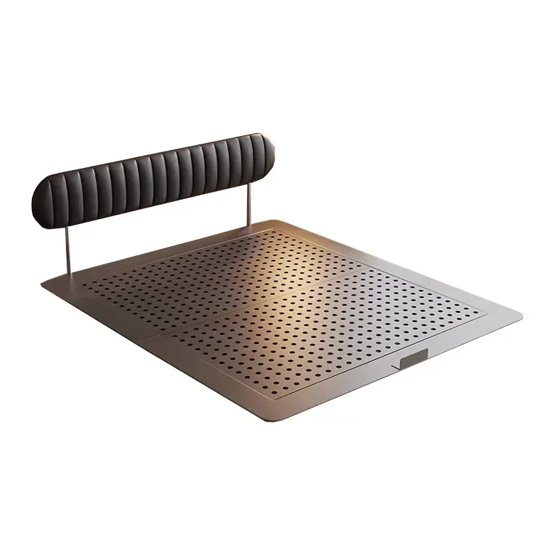 

Medieval floating bed, black leather bed, retro small apartment