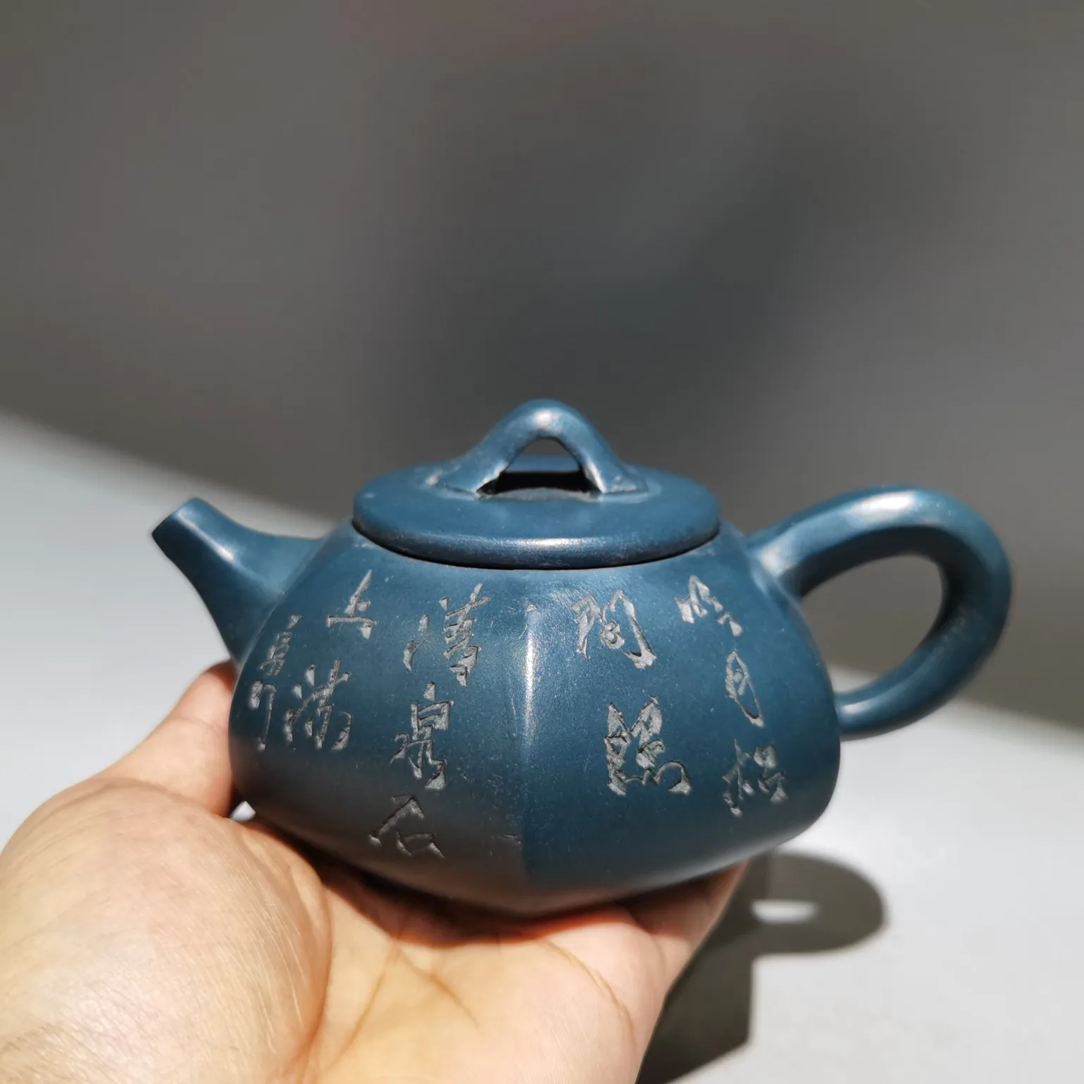 

6"Chinese Yixing Purple Clay Pot Hexagonal Stone Ladle Poetry Pot Kettle Teapot Blue Mud Office Ornaments Amass wealth