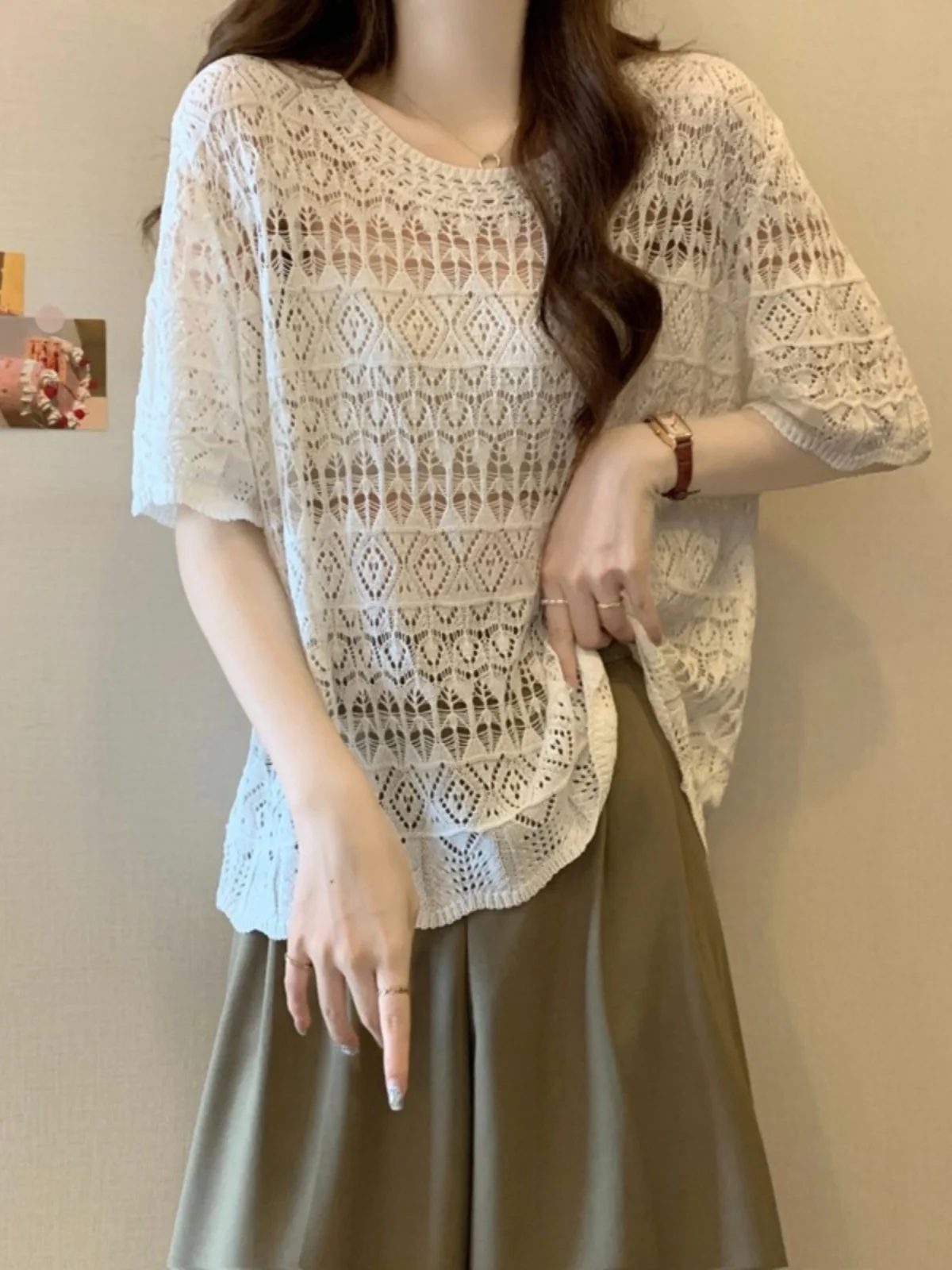 

Thin Lace Hollow Knitted Top Short Sleeve Women Summer Large Size Fat MM Belly Cover Fashionable Youthful Ice Silk Shirt