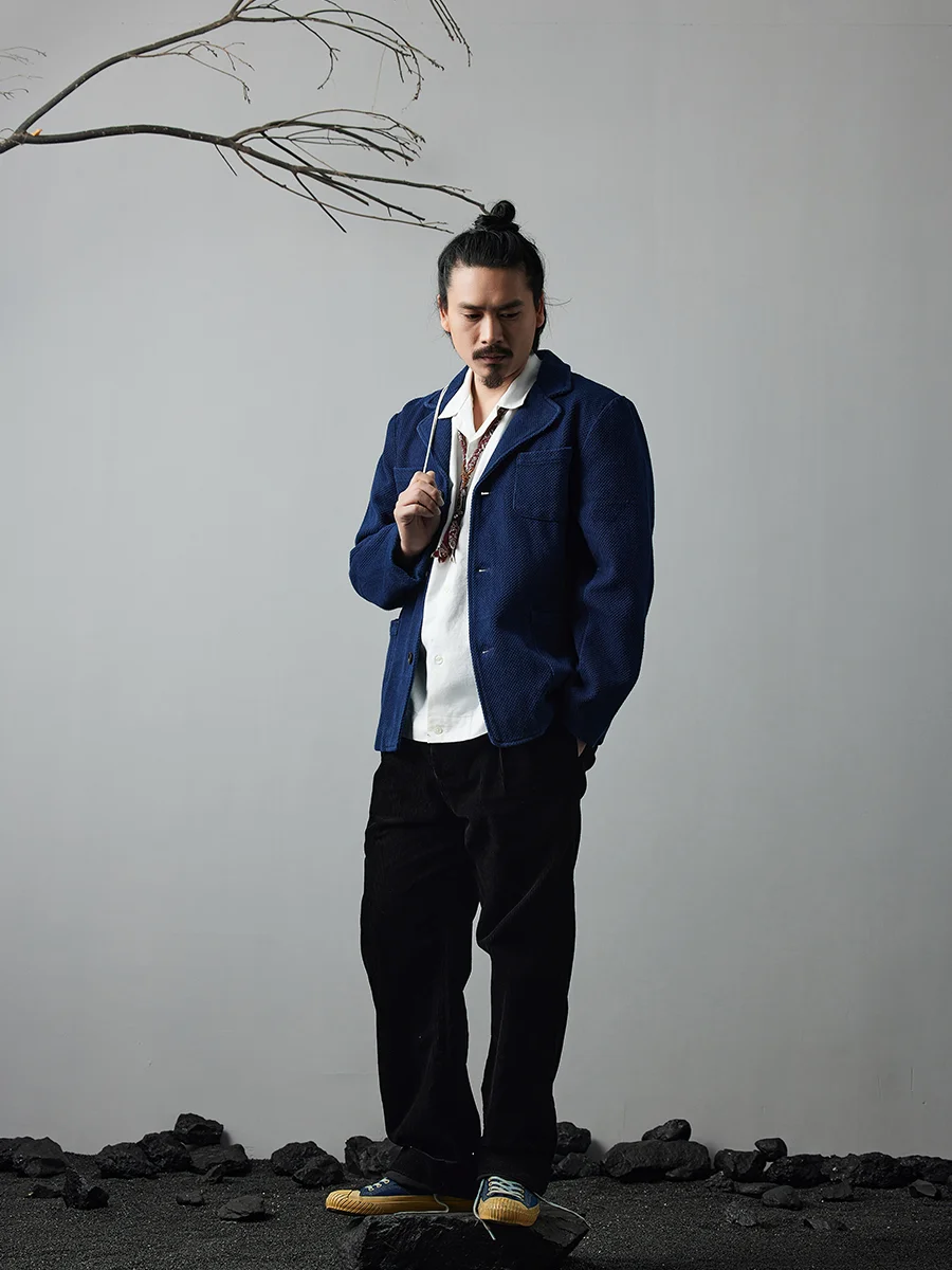 Nowa Wiosenno-Jesienna Kurtka Indygo Ręcznie Robiona Kurtka Indygo Roślinnego Casualowa Marynarka Retro Francuska Odzież Robocza