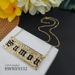 14K Yellow Gold Plated Hamilton Plumeria Flower Hawaiian Scroll Rectangle Long Necklace Tonga Chuuk Samoa Jewelry
