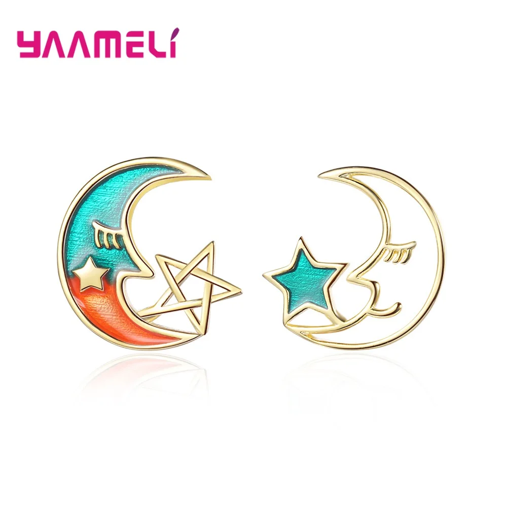 Hot Sale Summer Style Pin Stud Earrings Ear Brincos for Girl Woman 925 Sterling Silver Gradient Moon Star Symmetrical Bijoux