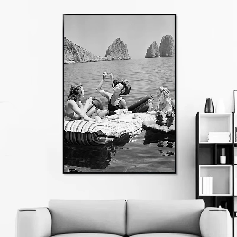 Black and White Women Sunbathing on Beach Surf Girls Photography Poster Canvas Painting Wall Art Pictures Home Interior Decor