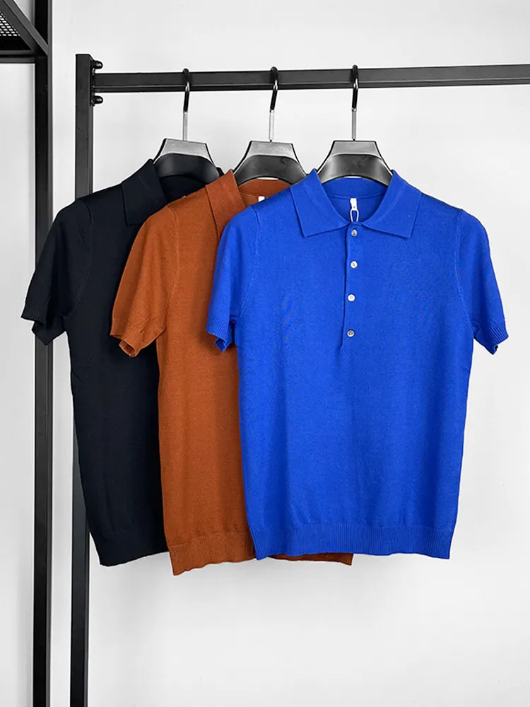 New Arrival Knitting T Shirt Men's Knitted Lapel Neck Breathable Thin Cashmer Short Sleeve Tee Solid Color Polo Shirts Tops D05