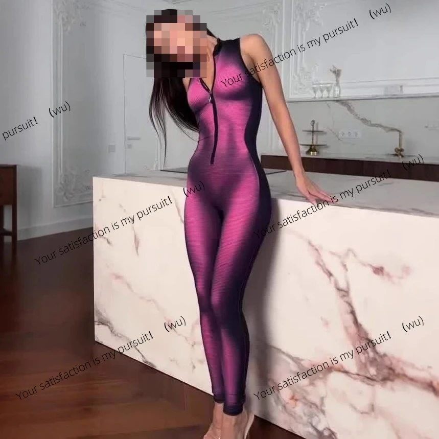 Jumpsuit fashion wanita musim panas baru, tanpa lengan, slim-fit, dengan ritsleting