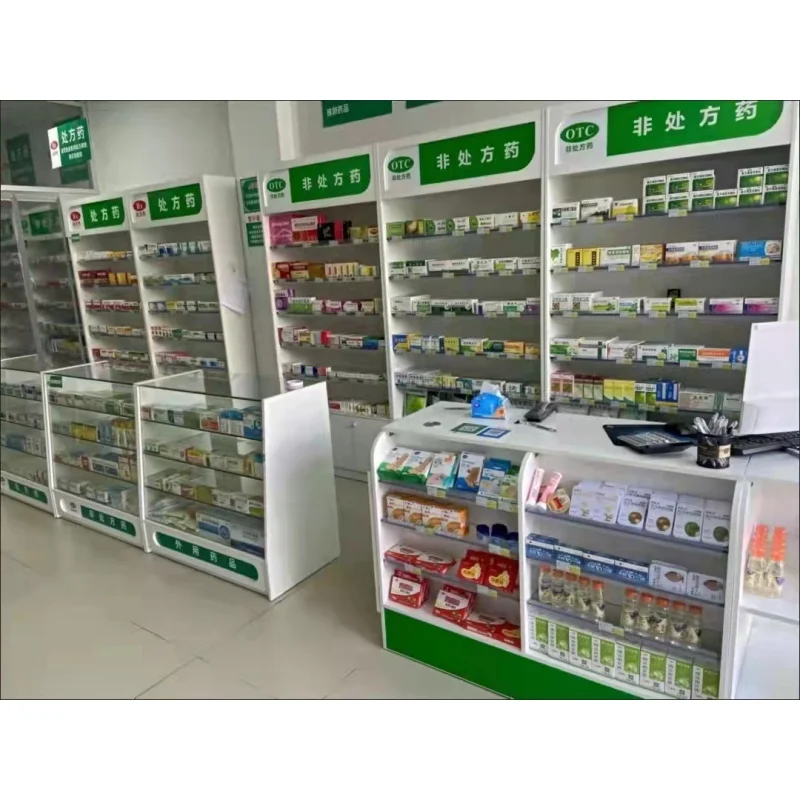 custom，Commercial Medical Shop Wooden Glass Showcase Pharmacy Shop Counter Pharmacy Furniture Interior Design For Sale