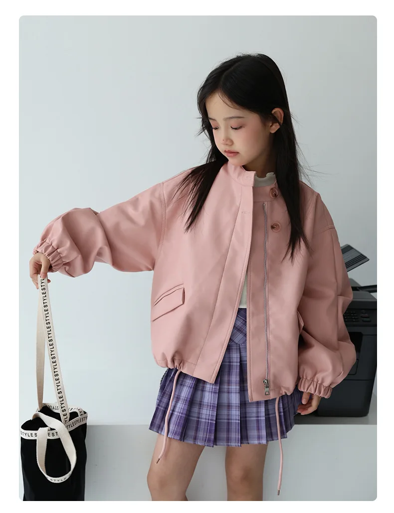 2-12Y Girls Sweet Black Pink Rock Motorcycle Pu Leather Jacket Children Waterproof Windproof Coat Kids Street Photography Wear