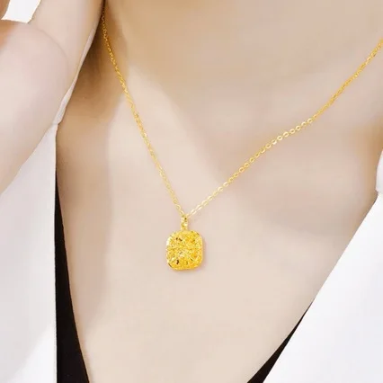 

High quality AU999 pure gold small sugar cube necklace female 24k clavicle chain real gold brushed pendant for girlfriend gift