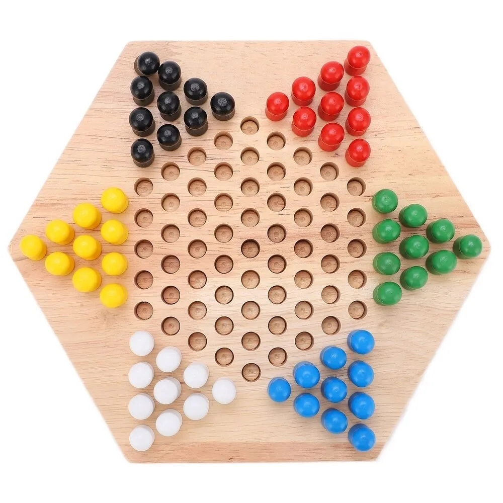 Practical Wooden Checker Board Hexagonal Chinese Style Chinese Checkers Embedded Design Wooden Hexagonal Checkers Children