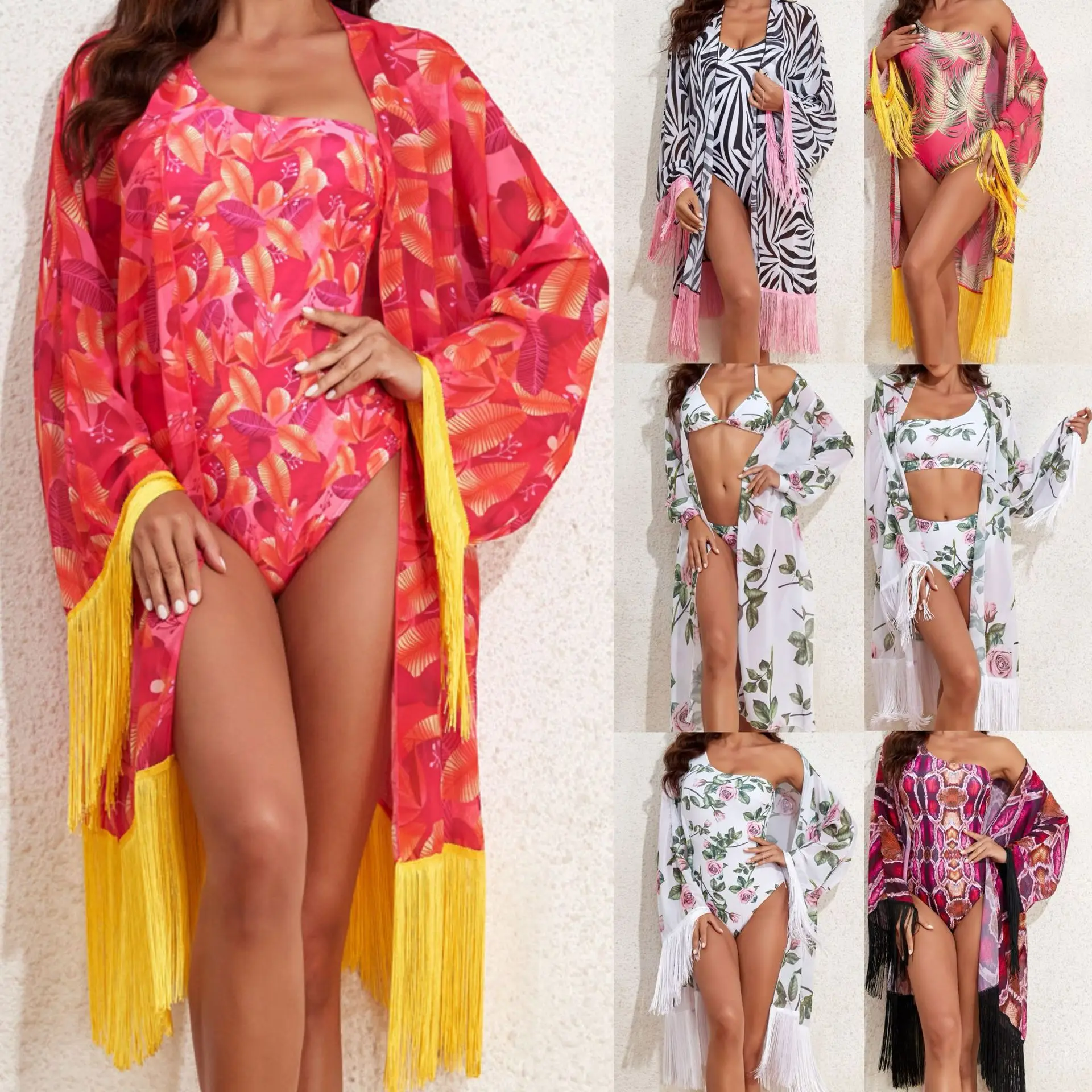 Women's Two-Piece Bikini Set Long Sleeve Monokini Swimsuit Printed Fabric Single Shoulder Design Beachwear Floral Pattern