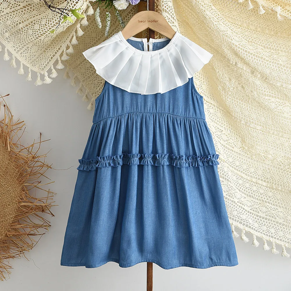 Sommerliches, koreanisches, blaues Kleid mit geknittertem Kragen im Denim-Look für 3-7 Jahre, modisches, neues, ärmelloses Mädchen-Freizeitkleid