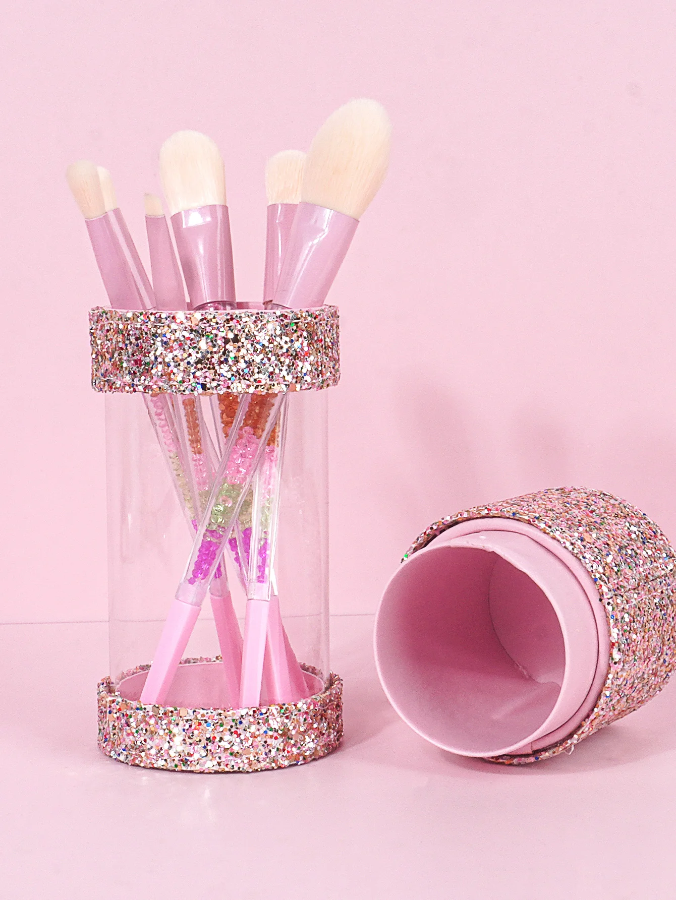 1PCS Premium glitter Make-Up Pinsel Lagerung Box Hohe aussehen ebene PU transparent staub pinsel Set Lagerung Eimer Tragbare