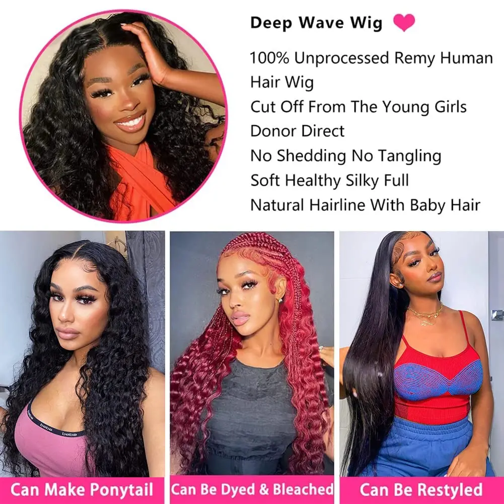 Perruque Lace Front Wig Deep Wave brésilienne Remy naturelle, cheveux bouclés, 13x4, 13x6, 30 pouces, 100% cheveux humains