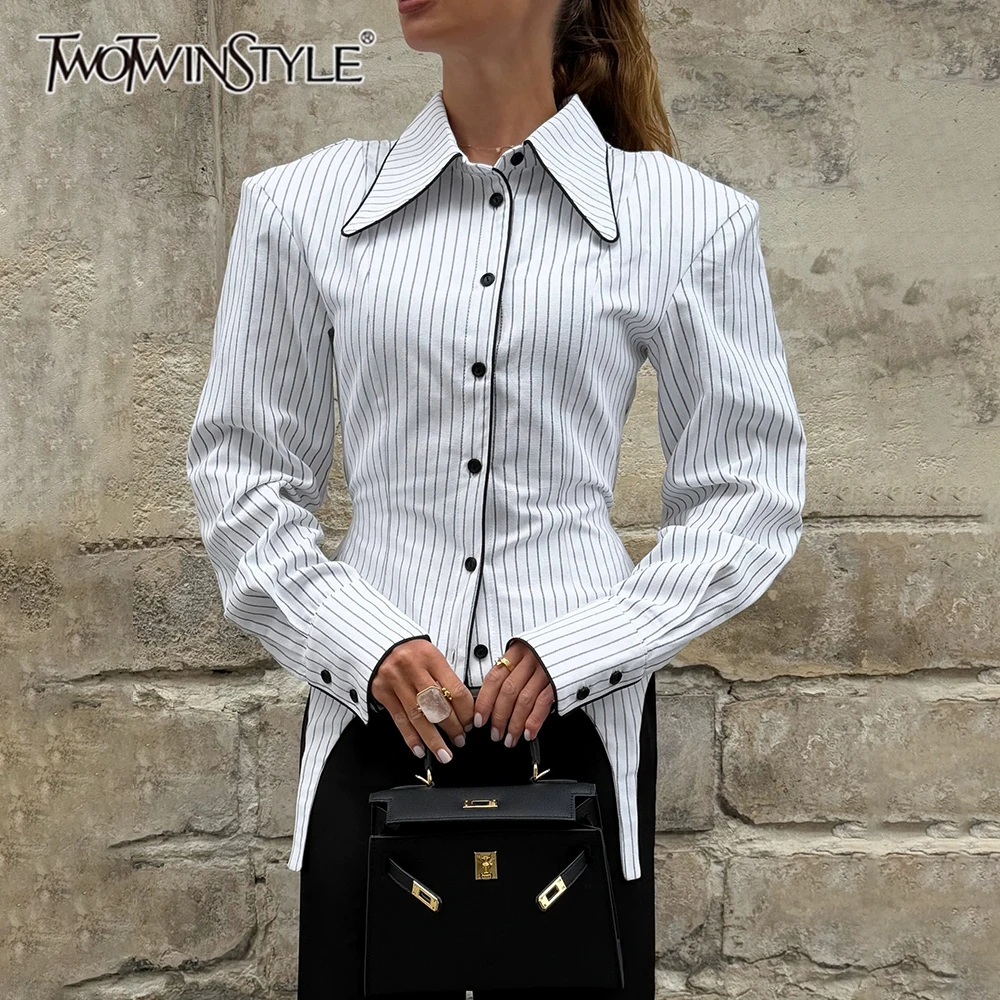 TWOTWINSTYLE Elegant Striped Women Shirts Lapel Collar Long Sleeve Fit Shirt for Office Work Business Meeting Wear Fashion New
