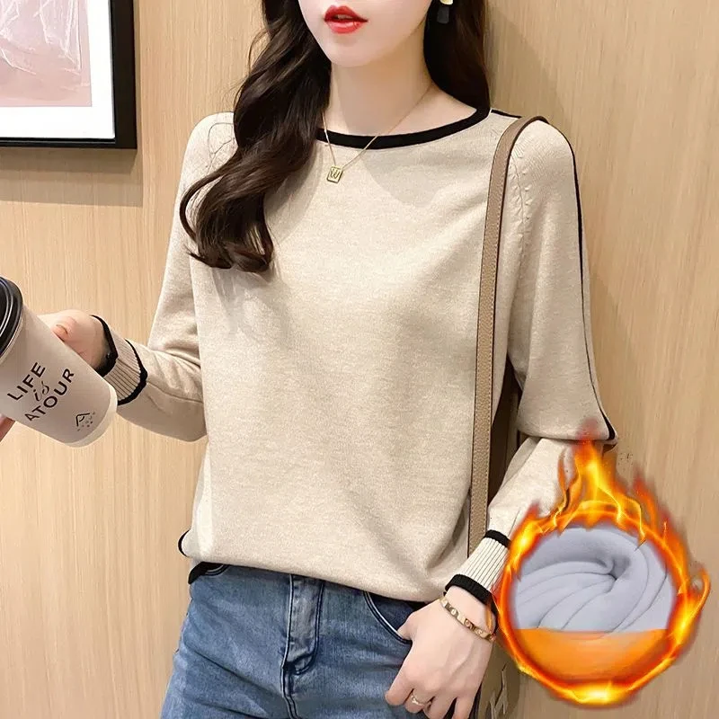 Office Lady Spring Autumn Solid Color Lantern Long Sleeve Pullover Women\'s Clothing Round Neck Casual Loose Sweater Knitted Tops