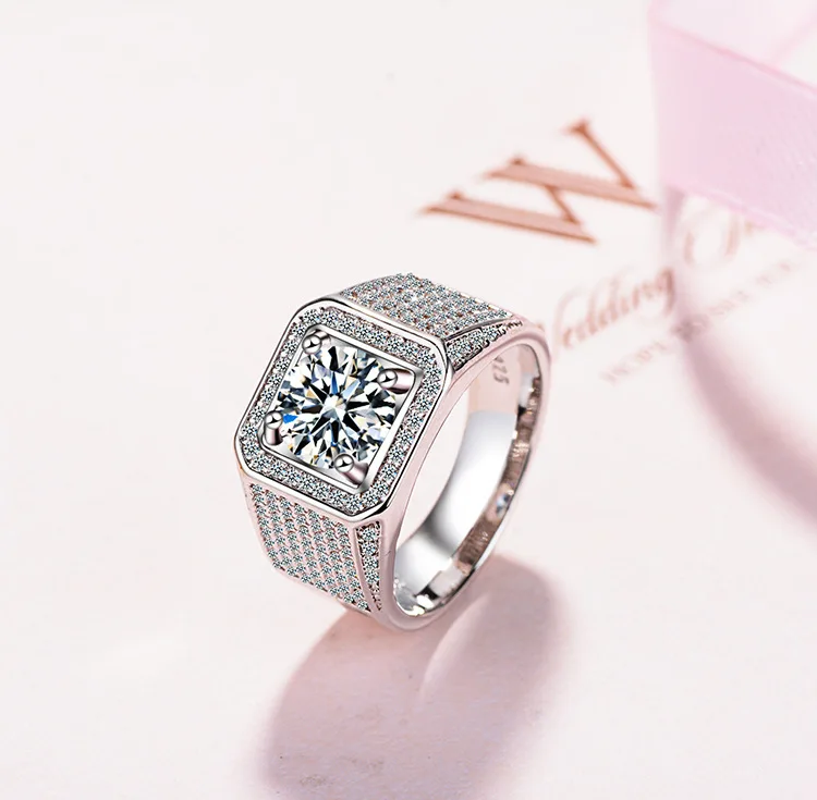Simulated 2 Carat D Color Moissanite Wedding Band Men Ring 925 Sterling Silver Engagement Rings Bague For Man Gift