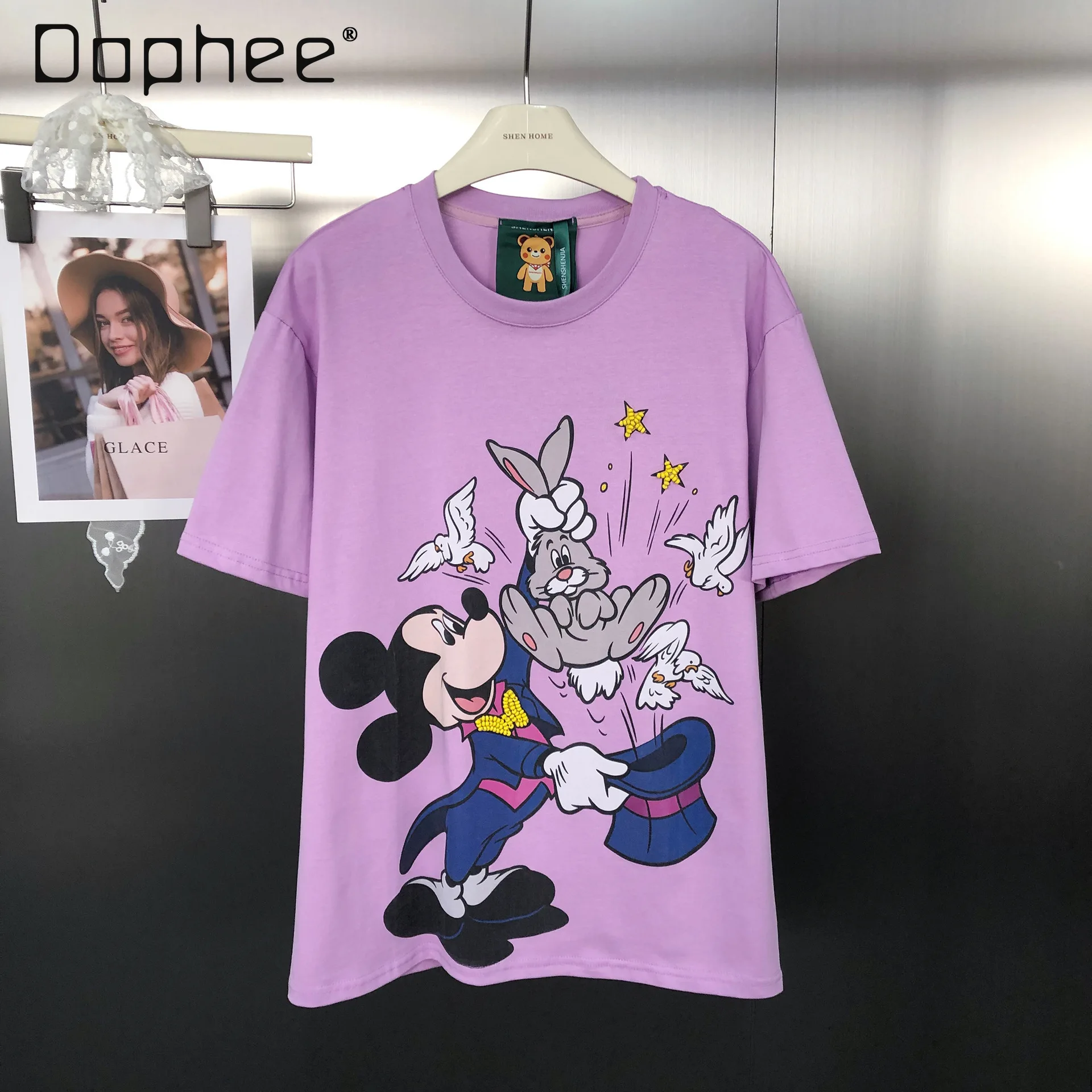 

Повседневный модный хлопковый пуловер с круглым вырезом и принтом бисера, футболка средней длины с короткими рукавами, эстетичная одежда, женская одежда