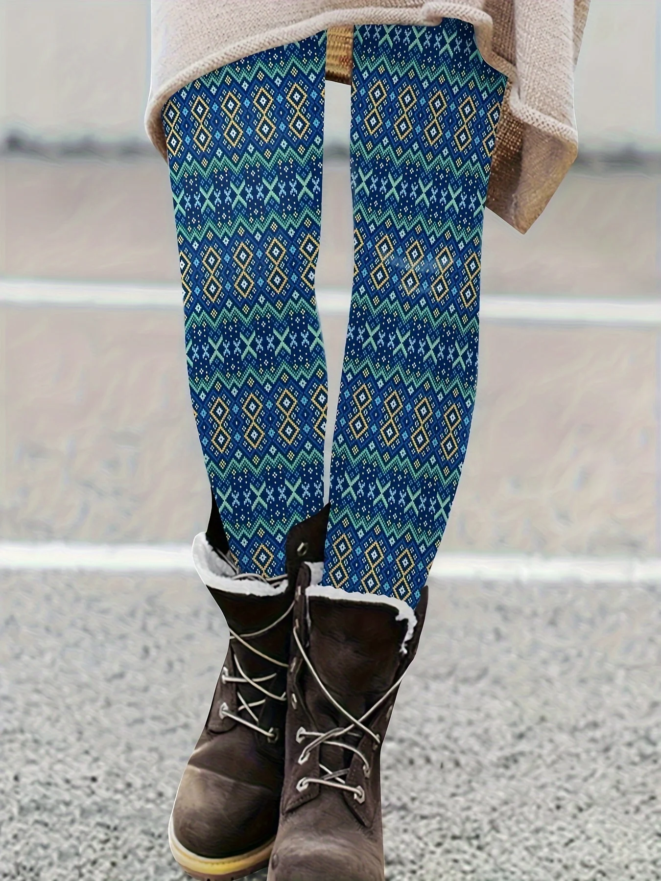 

Винтажные синие леггинсы с геометрическим узором, мягкие эластичные брюки с этническим принтом, повседневная одежда