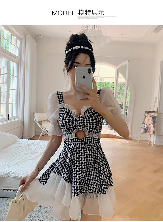 Maillot de bain une pièce pied-de-poule, jupe pour femmes, Style conservateur et Slim
