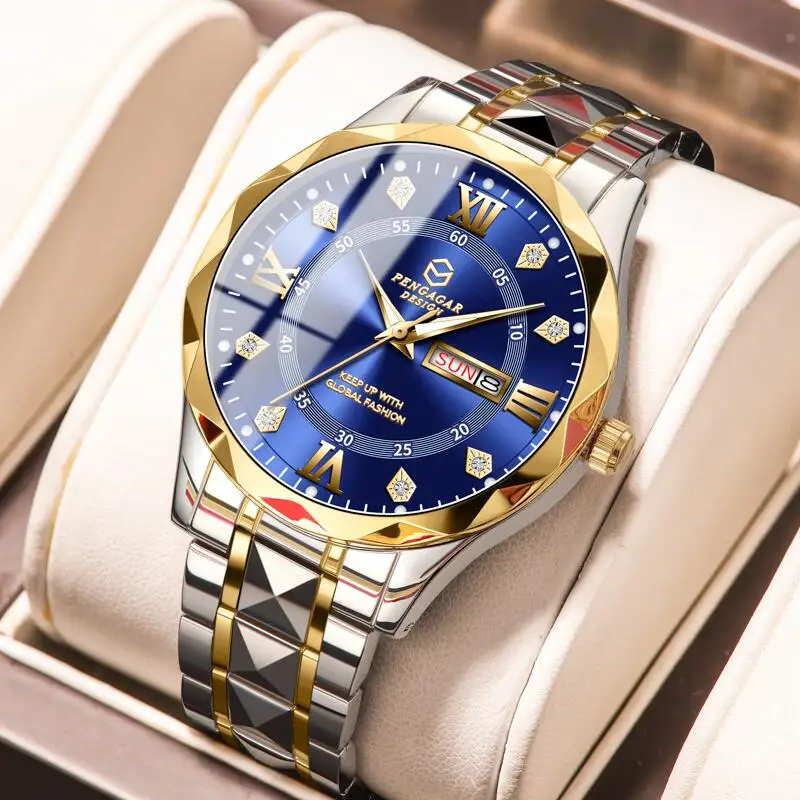 POEDAGAR メンズ高級腕時計 ステンレススチール 防水 夜光 デイデイト カジュアル ファッション クォーツ腕時計 メンズ時計