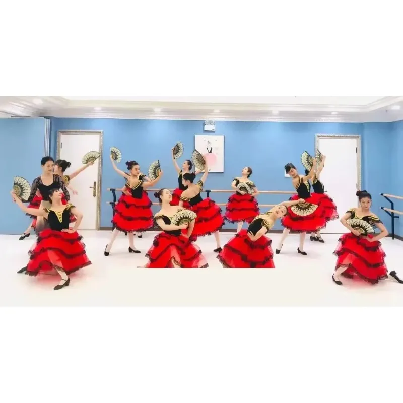 ストラップ付き赤いスペインドレス大人の女の子のためのロングロマンチックなバレエチュチュパフォーマンスチュチュ衣装バレリーナドレスベルベットボディス