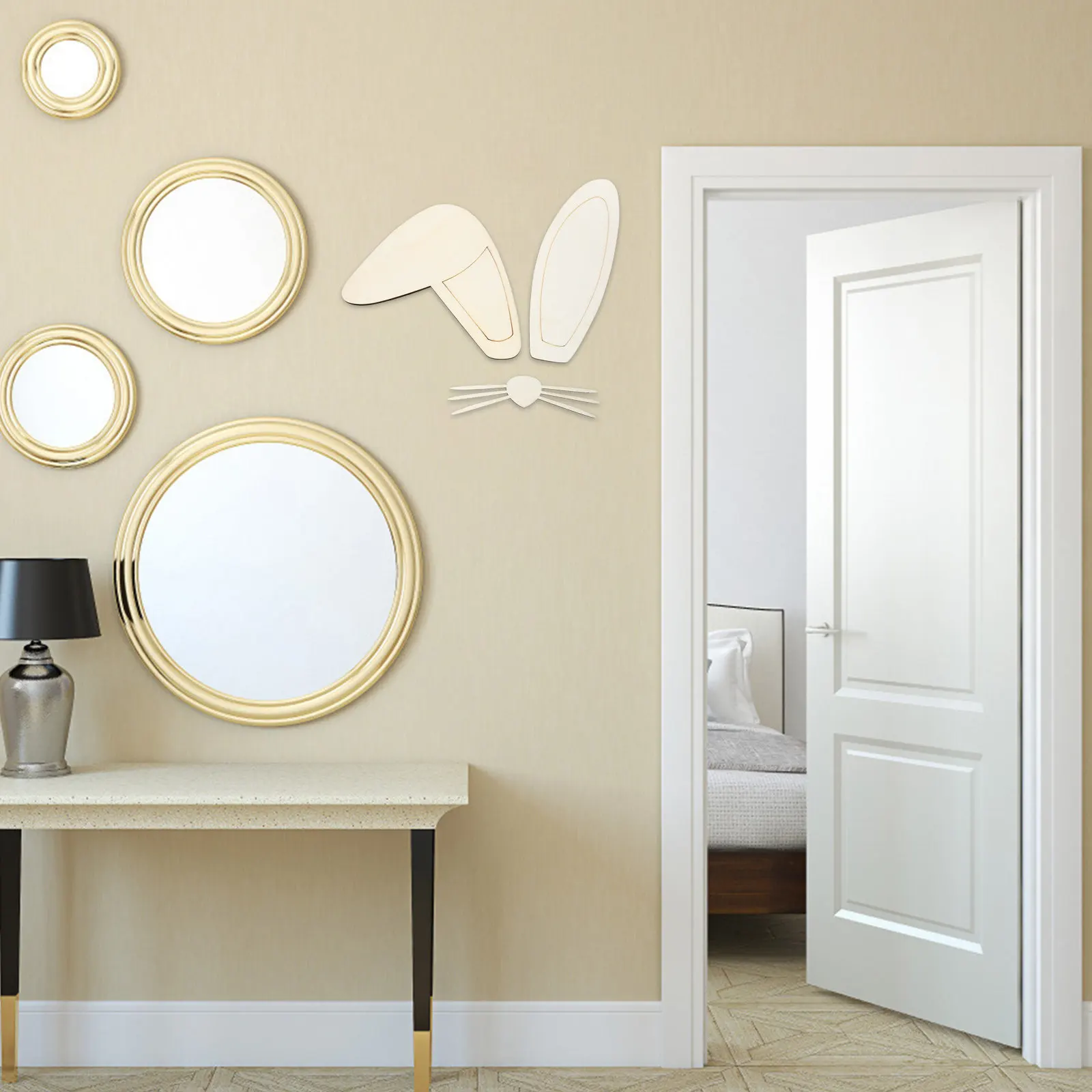 1Set 3D Wooden Bunny Ear Wall Decals Cartoon Easter Wall Decoration for Home Office Shop Restaurant Door Window Background Art