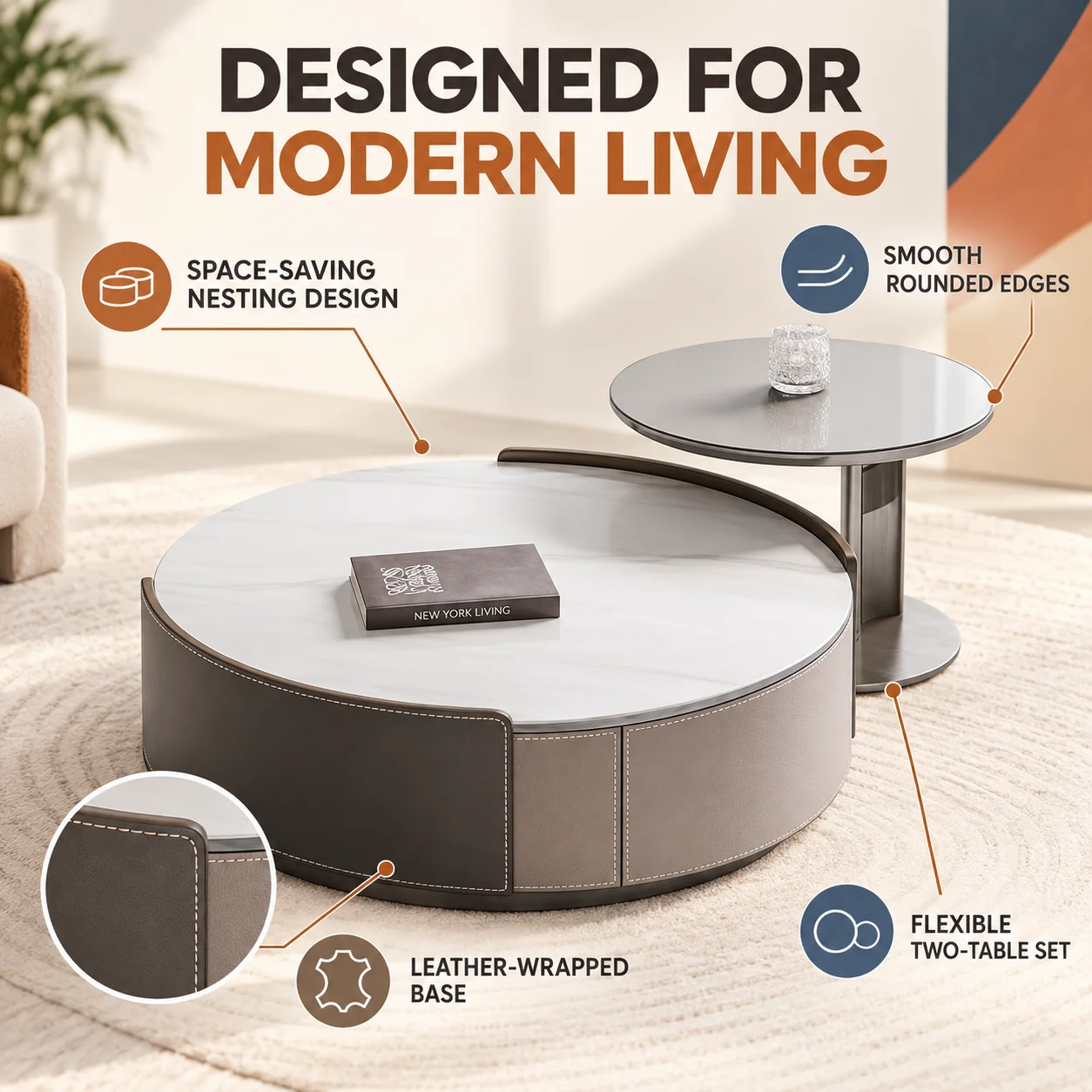 Small Household Saddle Leather Rock Slate TV Cabinet, Minimalist Light Luxury Round Nest Coffee Table Side Table Complete Set