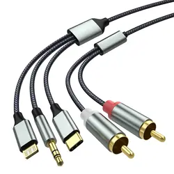 Аудиокабель 3 в 1, USB Type-C/Lighting, 8-контактный/3,5 мм штекер на 2 двойных RCA Y-образный сплиттер, аудиокабель для ПК, телефона, усилителя, динамика