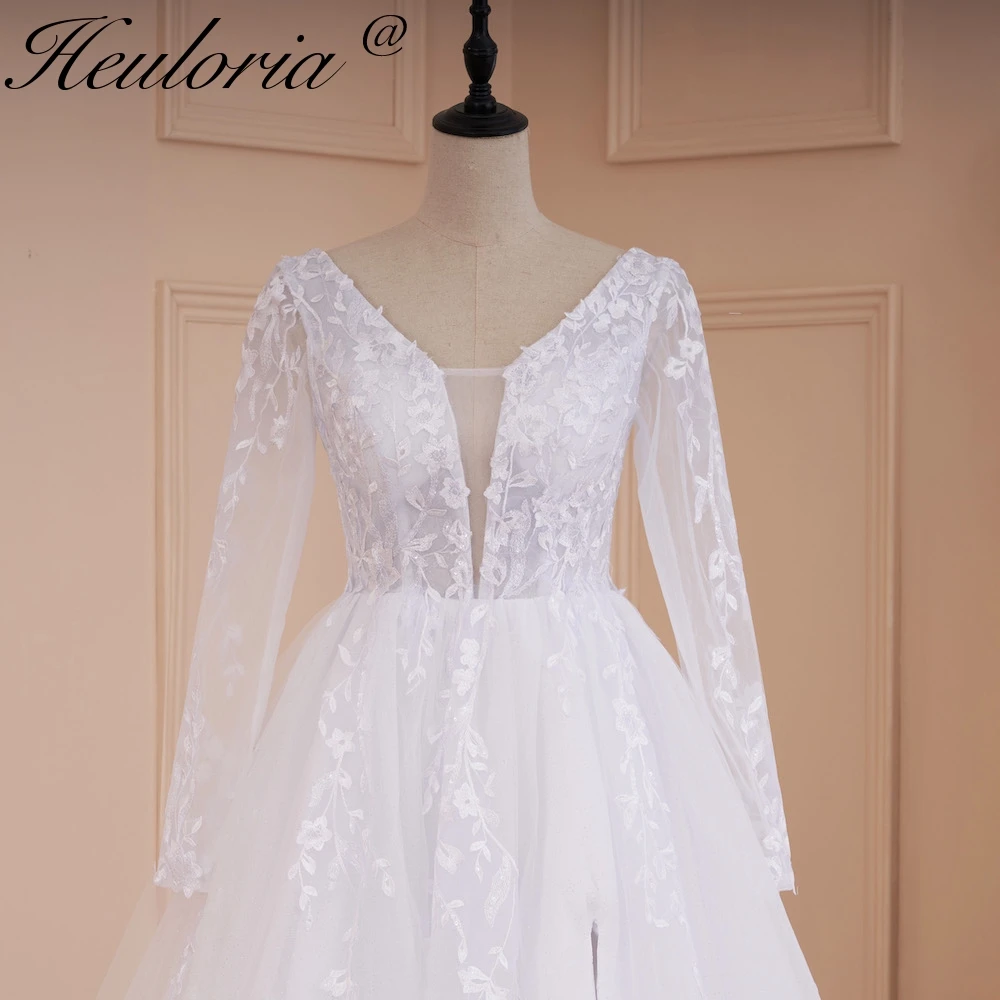 HEcorde ORIA-Robe de Mariée Trapèze Élégante, Col en V, Manches sulf, Dentelle Fendue, Perles