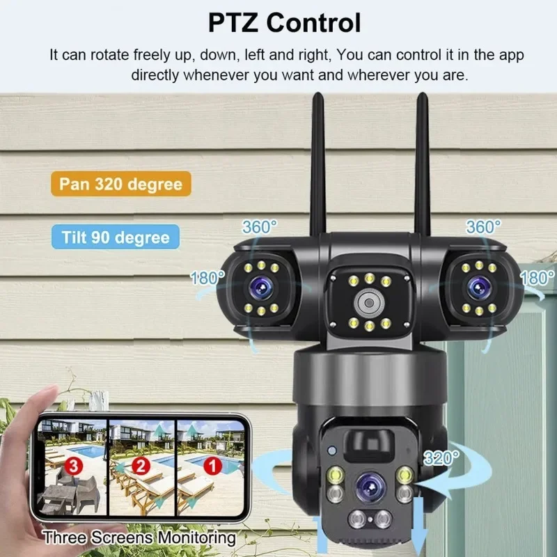

4G-камера на солнечной энергии с 3 объективами, 3 экранами, панорамным обзором 360 градусов, ночным видением высокой четкости, беспроводным Wi-Fi для домашнего видеонаблюдения