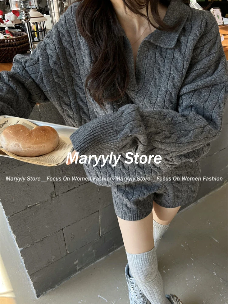 الخريف الشتاء الكورية نمط قسط محبوك 2 قطعة مجموعة عادية فضفاض بولو الرقبة سترة بلايز + Y2k السراويل لون نقي ملابس النساء