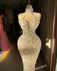 Beige Pearls Beaded Halter Neck Wedding Evening Dresses Sleeveless Long Mermaid Party Gowns 2024 Custom Made Prom Vestidos