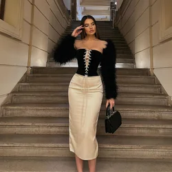 Suninheart Autumn 2 Piece Dress Set 2024 New in Lace Up Velvet Top and Pencil Skirt Set Black Elegant Dress Women Party Dresses