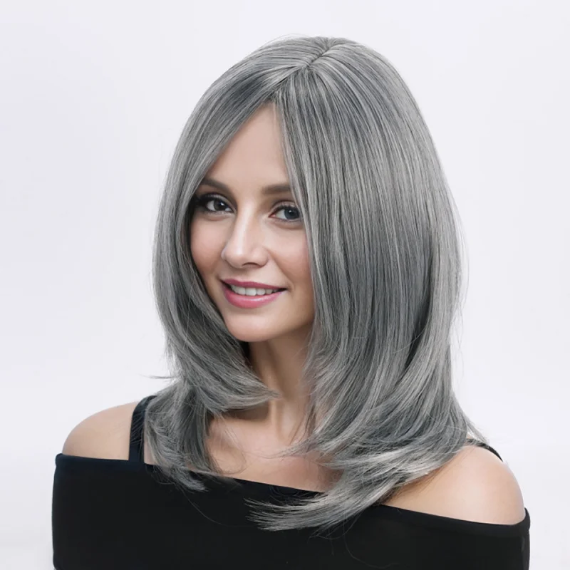 Women's wig with long bangs, gray-brown synthetic , high-temperature fiber, short straight style