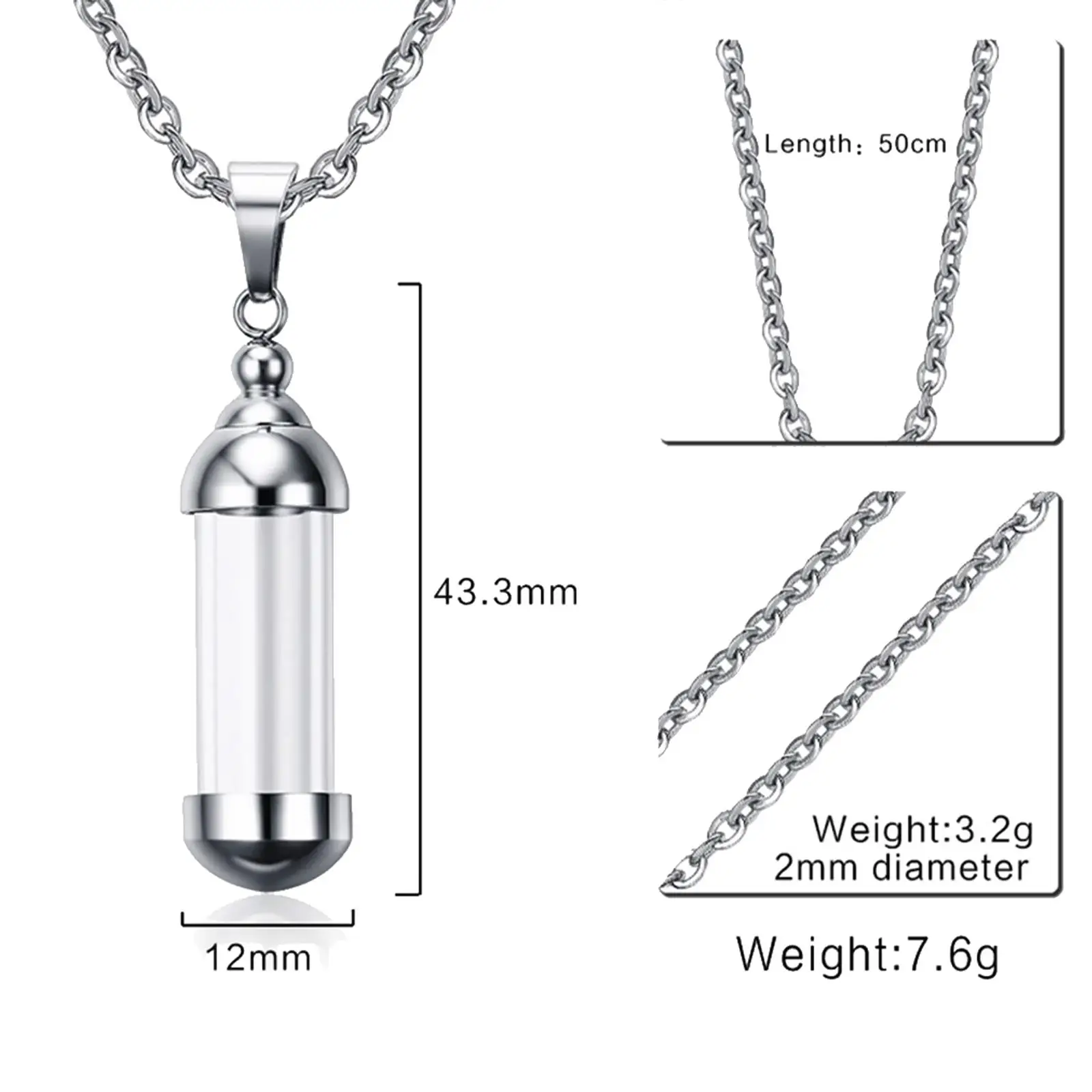 Small Titanium Cylinder Pendant Couple Wishing Bottle Perfume Necklace for Perfume, Colored , Ashes, etc.